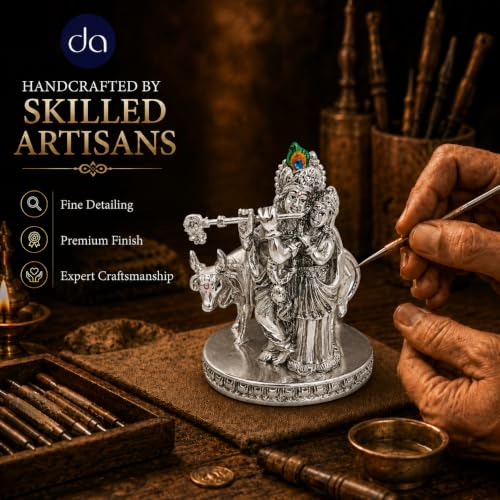 Image of 999 Silver Radha Krishna Idol with Cow - 4 Inch | Radhe Krishna Murti for Wedding for Couple, House Warming Gifts for Pooja Room