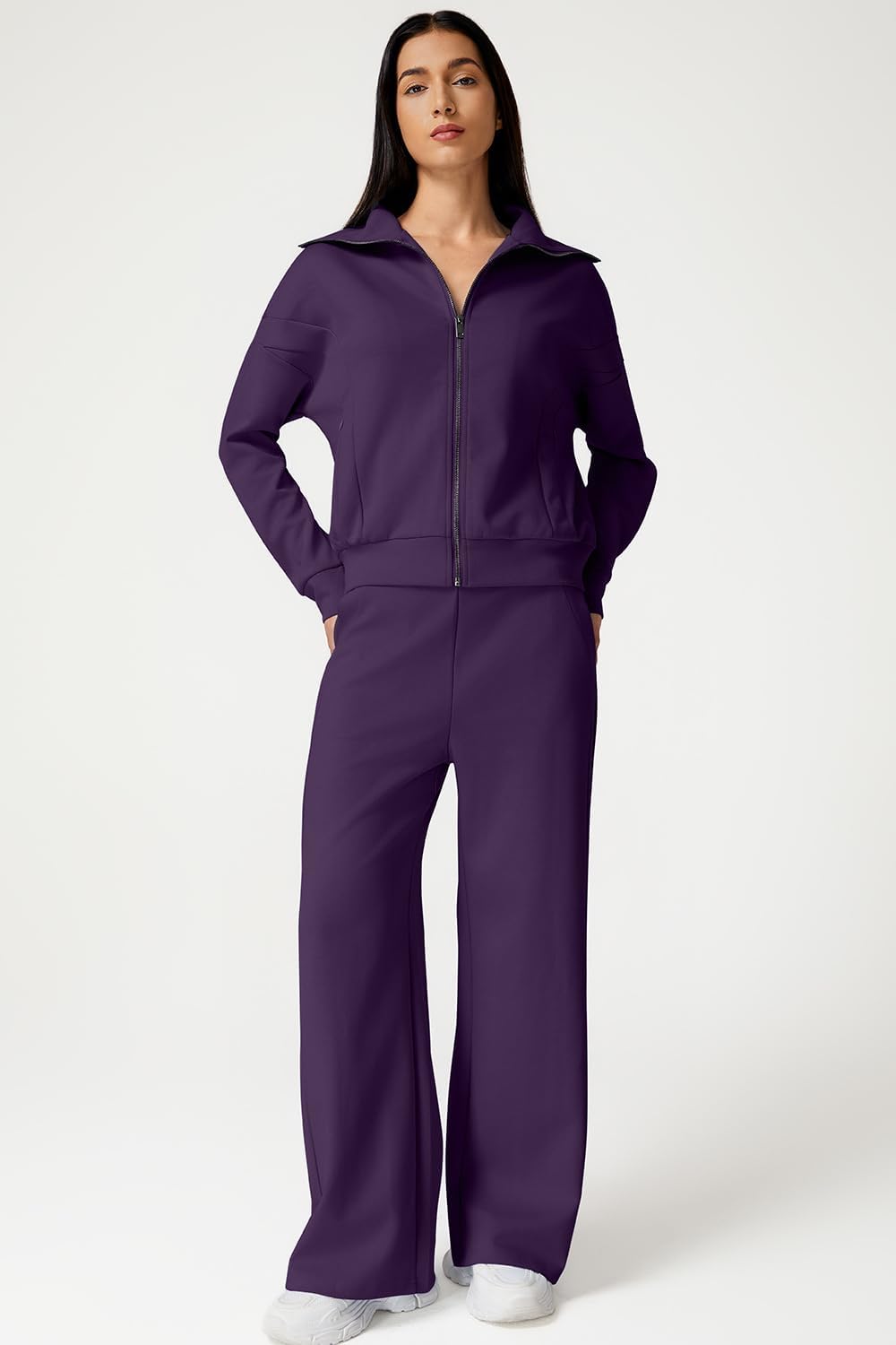 QINSEN Women's Cotton 2 Piece Outfits Lapel Long Sleeve Zip Up Sweatshirt Wide Leg Pants Matching Tracksuit Sets - Image 3