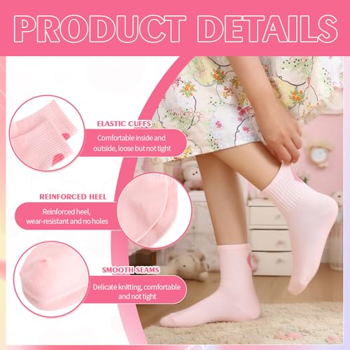 Jspupifip 6 Pairs Kids Girls Pink White Crew Athletic Socks with Stripes Hearts,Casual Stretchy Socks for Girls and Boys3
