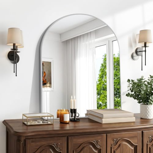 Image of BONEWEI Arched Wall Mirror,30x36 inch Silver Arched Mirror Bathroom,Vanity Mirror for Over Sink Metal Frame,Tempered Glass Arch Mirrors for Bedroom,Entryway,Living Room,Home Decor Shatter-Proof