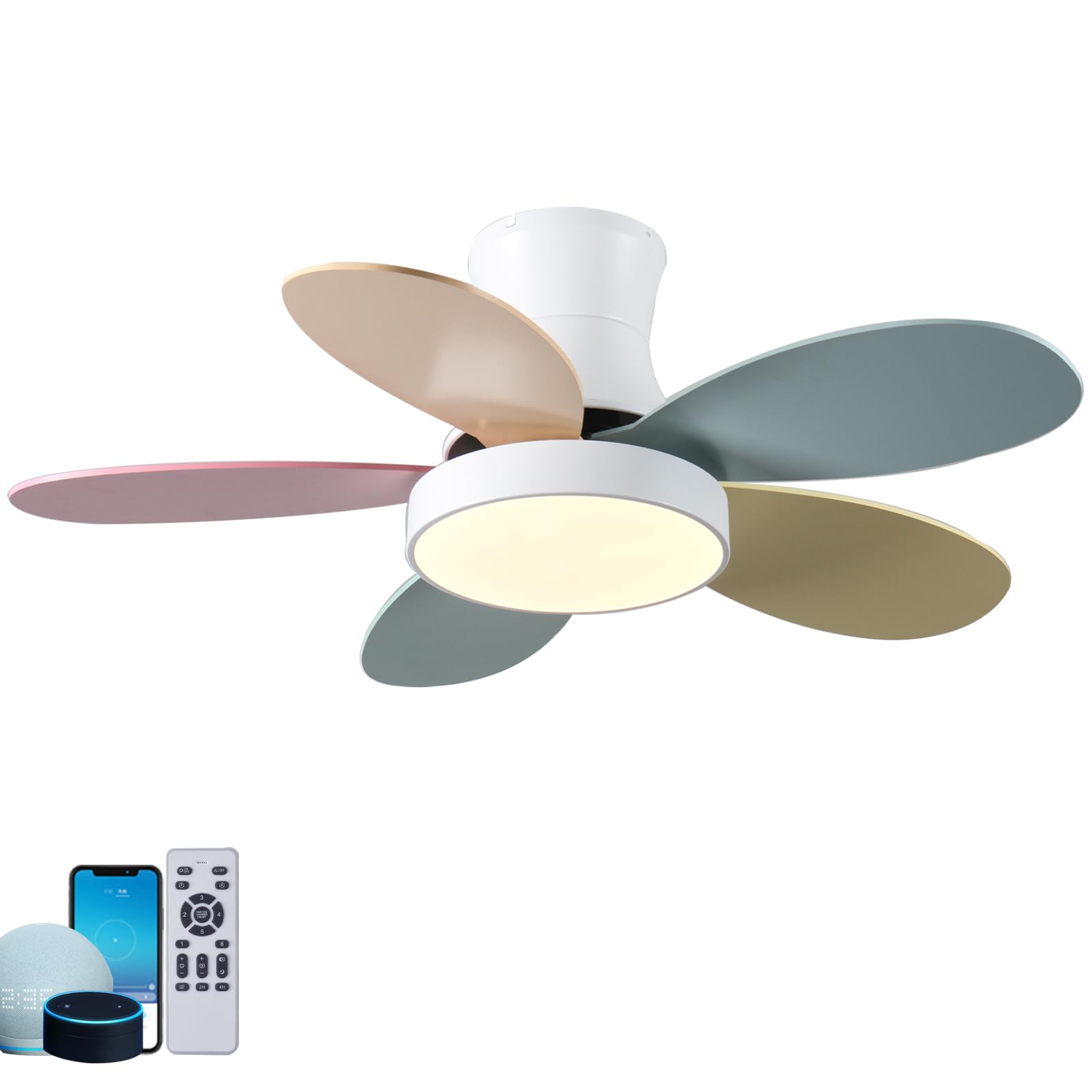 SXDMOUBK Intelligent Voice Ceiling Fans with Lights and Remote 35w Reversible Fan Light Ceiling 6 Speed Children's Room Mute Timer Light Bulb Fan Lde 2600 Lumens 10%~100% Dimmable-E||121cm/48 inch