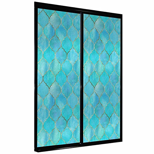 Moroccan Window Film Stained Glass Film, Cyan Frosted Privacy Window Decal, Non Adhesive Uv Blocking Removable Glass Covering #TOP1