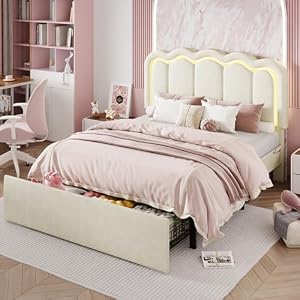 SHA CERLIN Full Size Bed Frame with LED Lights and Storage Drawer, Cream