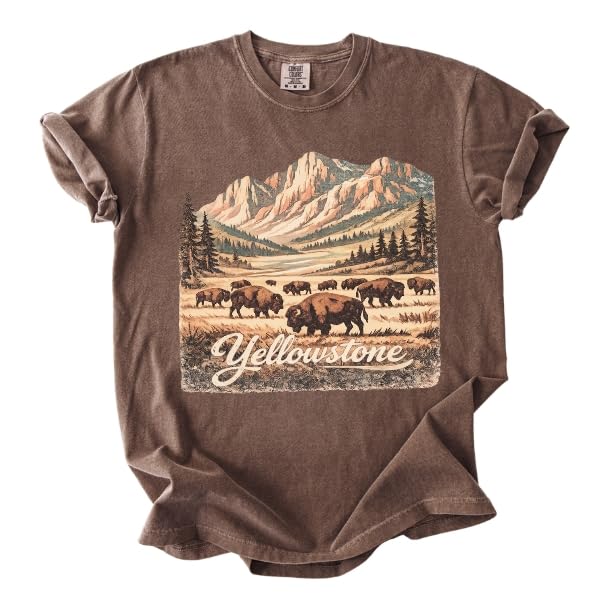 FITIN Retro Yellowstone National Park Garment-Dyed T-Shirt Bison Wildlife Graphic Tee National Park Nature T-Shirt (US Alpha Large Regular Regular Espresso)