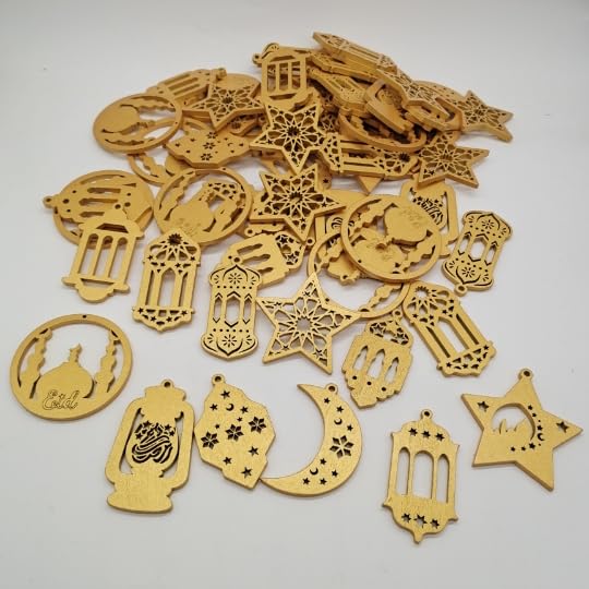 Al-Muallim Books Islamic Wooden Decorations Assorted Moon Star & Lanterns Shapes - Table Decorations - Ramadan & Eid Desk Decor - Decoration for Home