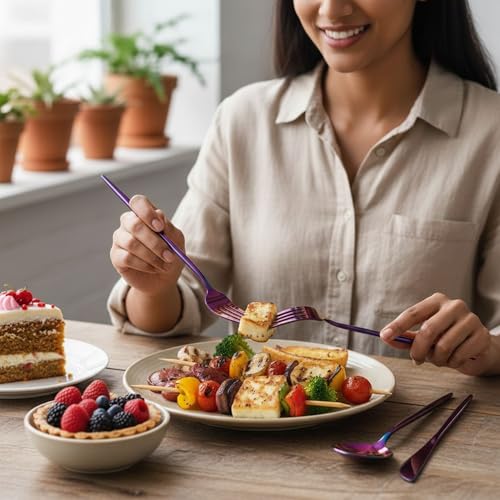 Image of 8 Pcs Pink Slim Handle Stainless Steel Cutlery Set for Dining Table with Spoons and Forks Set + Butterknives - The Perfect Tableware /Flatware