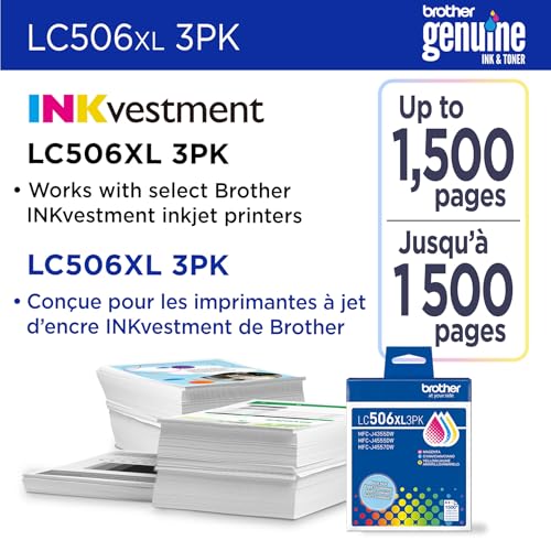 Image of Brother Genuine LC506XL3PK 3-Pack High Yield Cyan, Magenta, and Yellow Ink Cartridges (for use with INKvestment 4355, 4555, and 4557 Printers)
