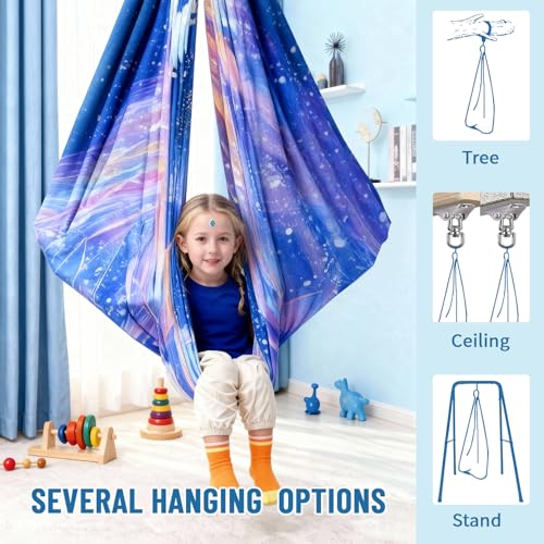 Image of Sensory Swing for Kids & Adults with 360 Swivel Hanger Kit, Double Layer Elastic Therapy Swing Holds up to 300lbs for Autism, ADHD,Aspergers, and SPD (Blue Bird)