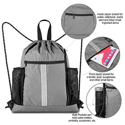 Image of BeeGreen Grey Drawstring Bag Pack Gym Sackpack w Shoe Compartment Two Water Bottle Holder Portable String Sinch Sack for Gymnastic Athletic Beach Travel