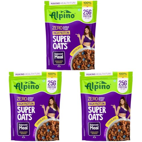Image of ALPINO 25g High Protein Super Oats Chocolate 400g - Rolled Oats with Peanut Butter, Cocoa, Nuts & Seeds - Zero Added Sugar & Salt - Source of Dietary Fibre & Healthy Fats (Pack of 3)