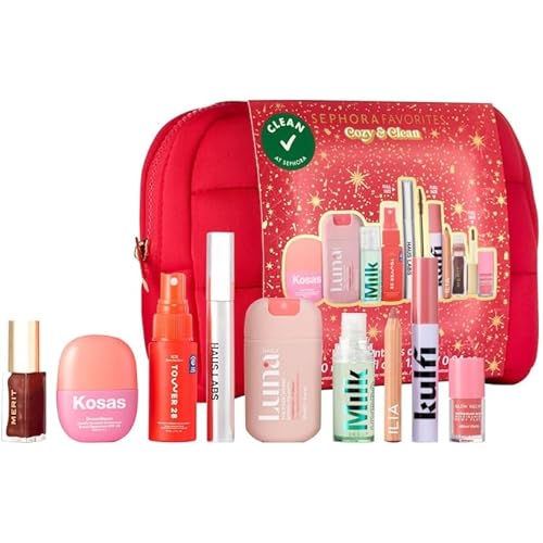 Sephora Cozy & Clean Makeup Holiday Gift Set – 9 Clean Beauty Essentials with Lip, Primer, Mascara & Skincare