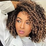 Ombre Highlight Brown Kinky Curly Half Wig Human Hair 1B 30 Curly 3 In 1 Seamless Flip Over Afro Curly Half Wig For Women 210% Density Glueless Wear and Ready to Go Drawstring Headband Wig 20 Inch