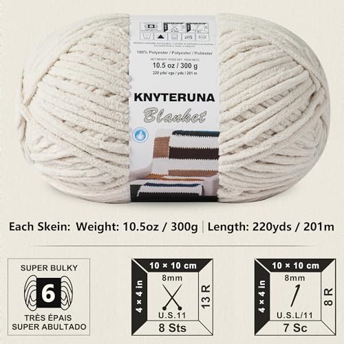 Image of #6 Super Bulky Blanket Yarn for Crocheting - 4 Skeins(Each 10.5oz /300g, 220yds /201m), Chunky Chenille Thick Plush Big Soft Yarn for Crocheting Knitting Blankets, Beige White