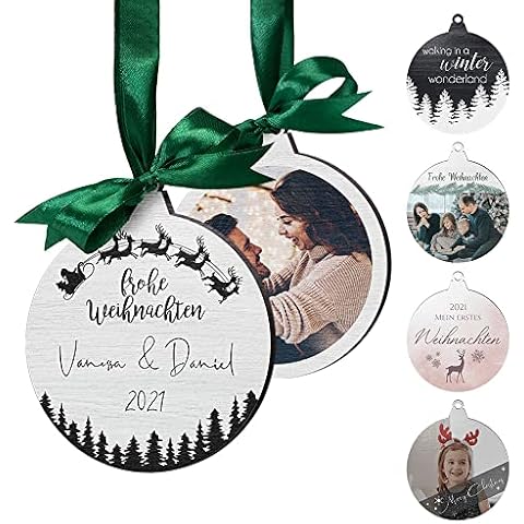 Personalisierte Holzanhänger Weihnachten - Christbaumkugel Weihnachtskugeln mit Foto Namen Text personalisiert - Christbaumschmuck Holz weiß rosa schwarz braun Cover
