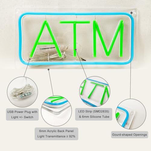 Image of ATM Neon Sign, Small Size, 12 inchx6 inch, USB Powered, 9 Levels of Brightness, Suitable for Bank Supermarket Convenience, Easy to Install on Store Wall Window as Room Decoration (Green, Transparent Acrylic)
