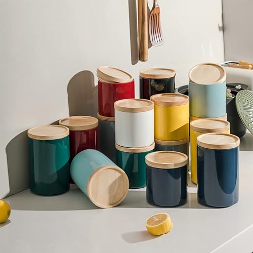 Miniatura 6 de Sweejar Kitchen Canisters - Tarro de cerámica para almacenar alimentos, recipientes apilables con tapa de madera hermética para servir café molido,