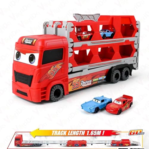 Image of Brand Conquer Big Hauler Storage & Transform Transport Truck Toy for Kids |3-in-1 Carrier Truck with 2 Foldable Ejection Race Tracks & 4 Die-Cast Cars |61 Inch Dual Racing Track | Educational (Red)