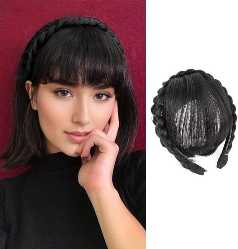 HAIR WALA™ Front Hair Bangs Fringe Hair Extensions Synthetic Fake Bangs Hair Neat Fringe Bangs with Double Row Braids Headband for Women Girls Bangs Hair (Color : Black)
