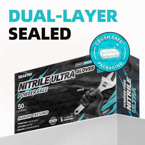 Beastek Nitrile Disposable Gloves, 8 Mil Powder Free Latex Free Chemical Resistant Heavy Duty Food Safe Diamond Gloves, Black 50 Pcs (Large)