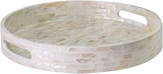 PEMAR 12.6” Mother of Pearl Round Serving Tray with Handles, Decorative Nacred Wooden Ottoman Coffee Table Tray (White Tiles)