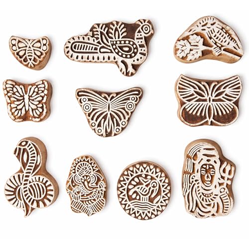 Image of Set of 10 | Wooden Stamps Multi Shapes & Design Blocks for Scrapbooking | Handmade Baren for Project Designing | Fabric Textile | Clay | Pottery Craft