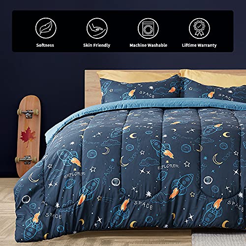 Sleep Zone Kids Full/Queen Size - 7 Pieces Super Cute & Soft Bedding Sets & Collections Including Comforter, Sheet, Pillowcase & Sham - Fade Resistant Easy Care (Space Rocket) #TOP2