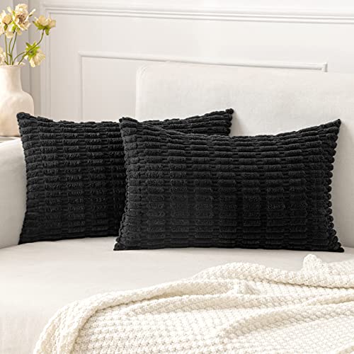 MIULEE Lumbar Corduroy Decorative Throw Pillow Covers 12x20 Black Pack of 2