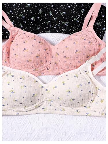 OYOANGLE Girl's Floral Print Training Bra 4 Pack Textured Spaghetti Strap Soft Lightly Padded Bras3