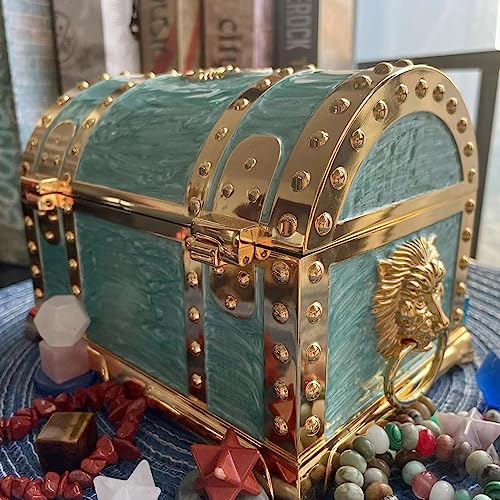 Truewon Vintage Metal Jewelry Chest Treasure Trinket Box, Gem Storage Tray Ring Earrings Necklace Keepsake Gift Holder Case Bag for Girls Ladies Women (Large Golden Green Empty)