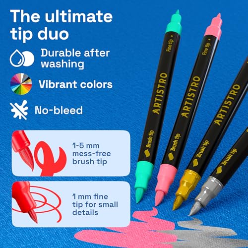 Image of ARTISTRO 24 Dual-Tip Fabric Markers Decorating Kit, Permanent for Clothes | Brush & Fine Tip, Acrylic Paint Pens for Sneakers, Bags, Shoes, Textiles, Canvas, Sewing, Craft, & DIY