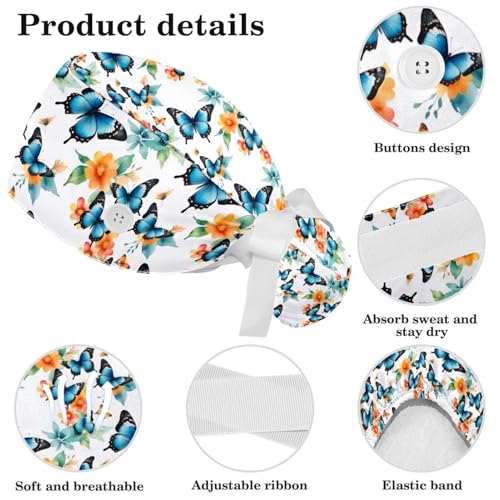 Image of Colored Butterflies Scrub Caps Women Ponytail, Adjustable Bouffant Surgical Caps with Button, Nurse Hats Long Hair