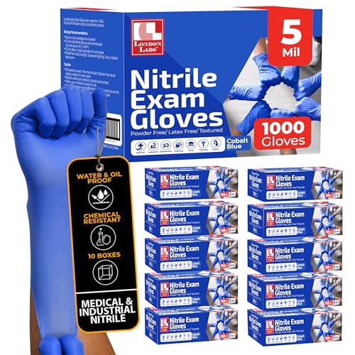 London Labs Cobalt Blue 5 Mil Nitrile Exam Gloves Disposable Latex Free | Medical Rubber Gloves for Doctors, EMT, First Aid Kit, Food Service & Cleaning | Bulk Case of (1000 CT)