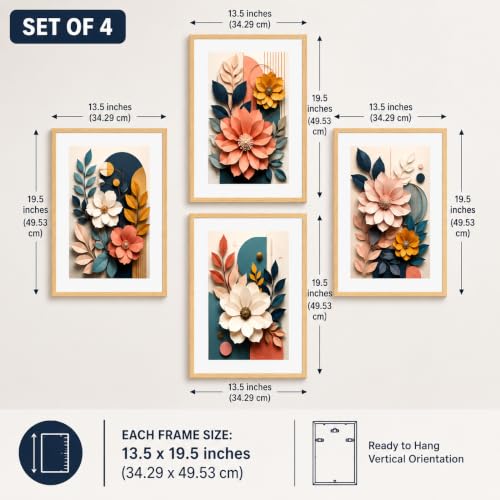 Image of Livin'luxe Set of 4 3D-Effect Floral Botanical Wall Paintings with Sparkle Laminate and Premium Wooden Synthetic Frame for Living Room Bedroom Office Decor (13.5 x 19.5 Inch)