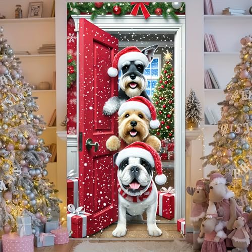 Image of BlissYard Christmas Door Cover Dog Door Hanging Banner 35x71 Inch Yorkshire Terrier English Bulldog Schnauzer Winter Banner Photo Background Door Decoration New Year Home Party Decoration Supplies