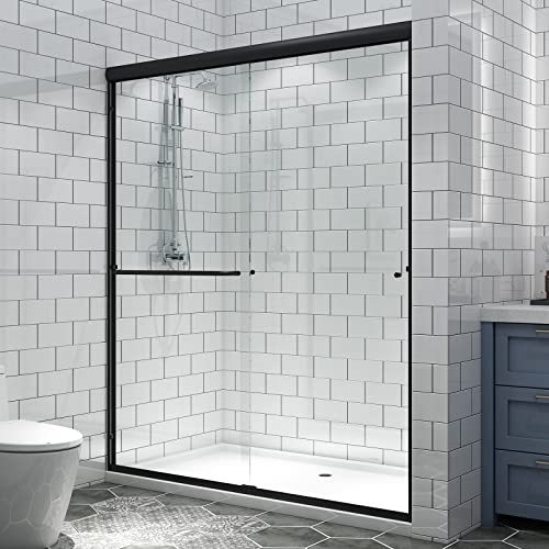 Es-Diy 56-60"W X 70"H Semi-Frameless Sliding Shower Door,Sliding Shower Door With 1/4" (6Mm) Clear Sgcc Tempered Glass,Matte Black Finish,Shower Doors Can Be Installed Left And Right #TOP7