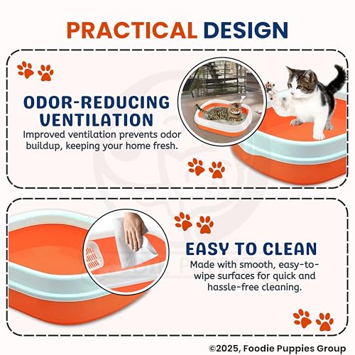 Image of Foodie Puppies Cat Litter Box Tray with Rim and Scooper - (Orange) (Large, 46 x 38 x 13 cm) | Semi-Closed Design and Durable Quality | Pet Litter Sand Tray Suitable for All Adult Cats & Kittens