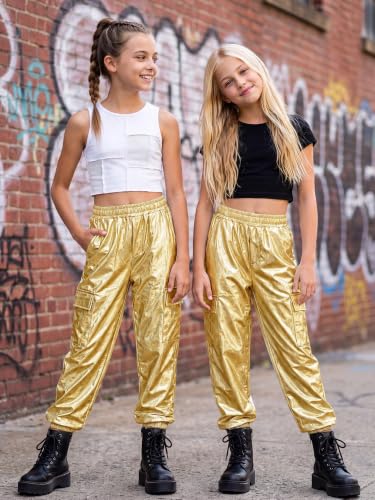 Image of Rolanko Girls Shiny Metallic Cargo Pants, Sparkle Jogger Pants for Girls Hip Hop Dance Streetwear Cargo Trousers 6-15 Years