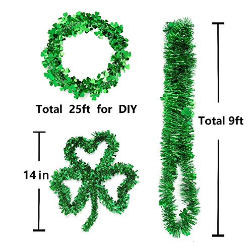 6 Pack St. Patrick’s Day Green Tinsel Garland- 2pcs 14\" Shamrock Wreath+ 2pcs Expandable Wire Garland+ 2pcs 9ft Green Tinsel Metallic Streamers Set Party Favors for Irish St Patrick Home Wall Decors - Thumbnail 4