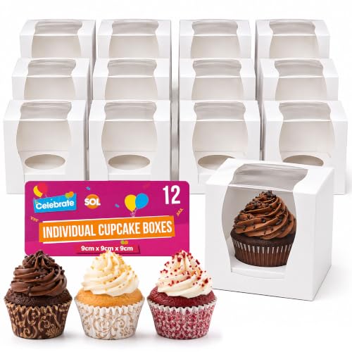 SOL 12pk Individual Cupcake Boxes - Sturdy Dessert and Bakery Packing - 9cm