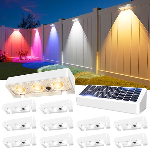 JOFIOS Solar Fence Lights Outdoor 9 Fixed Colors Color Changing Fence Lights Solar Powered Waterproof IP65 Dusk-to-Dawn LED Deck Lighting for Patio Railing Pool Porch Backyard Wall 12 Pack