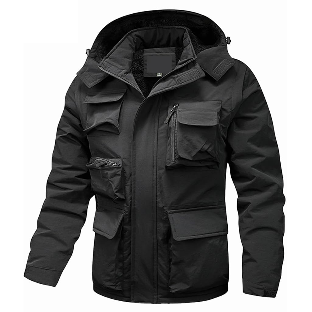 Veste tactique homme cargo polaire à capuche amovible noire