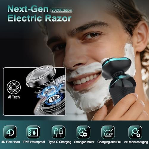 Image of Electric Razor for Men, 4D Dual-Ring Floating Head Electric Shaver, IPX7 Waterproof Wet & Dry Shaver, USB-C Fast Charging 120Mins Long Runtime, Ergonomic Portable Travel Shaver, Ideal Gifts for Men