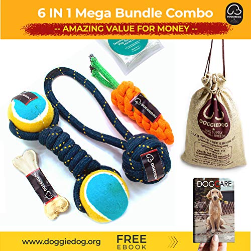 Image of DOGGIE DOG Attractive Cotton Poly Mix Chew Dog Toys Rope for Teething Suitable for Adult, Small & Medium Puppies with eBook & Stand Up Jute Printed Pouch(Bob Barker Blue (6 in 1 Combo) (Pack of 1))