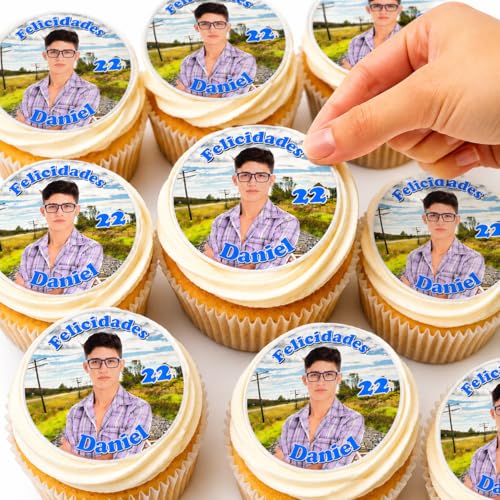 *PREMIUM* OBLEA PARA GALLETAS O CUPCAKES CON FOTO, personalizada nombre y edad para cumpleaños, Medida redonda. Papel Comestible Decoracion Cumpleaños, Obleas Comestibles Redondo - Vegano y Sin Gluten