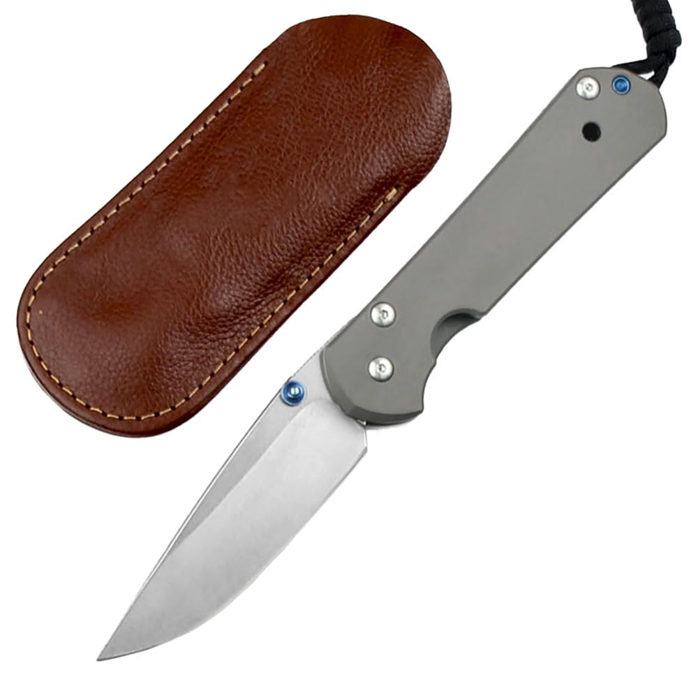 Taschenmesser Titan klappmesser aus edelstahl D2, D2 stahlklinge, EDC messer Outdoor, Jagdmesser einhandmesser Scharfe, Titanlegierung messer edc survival mit LederScheide, Hochwertiges Sammlermesser