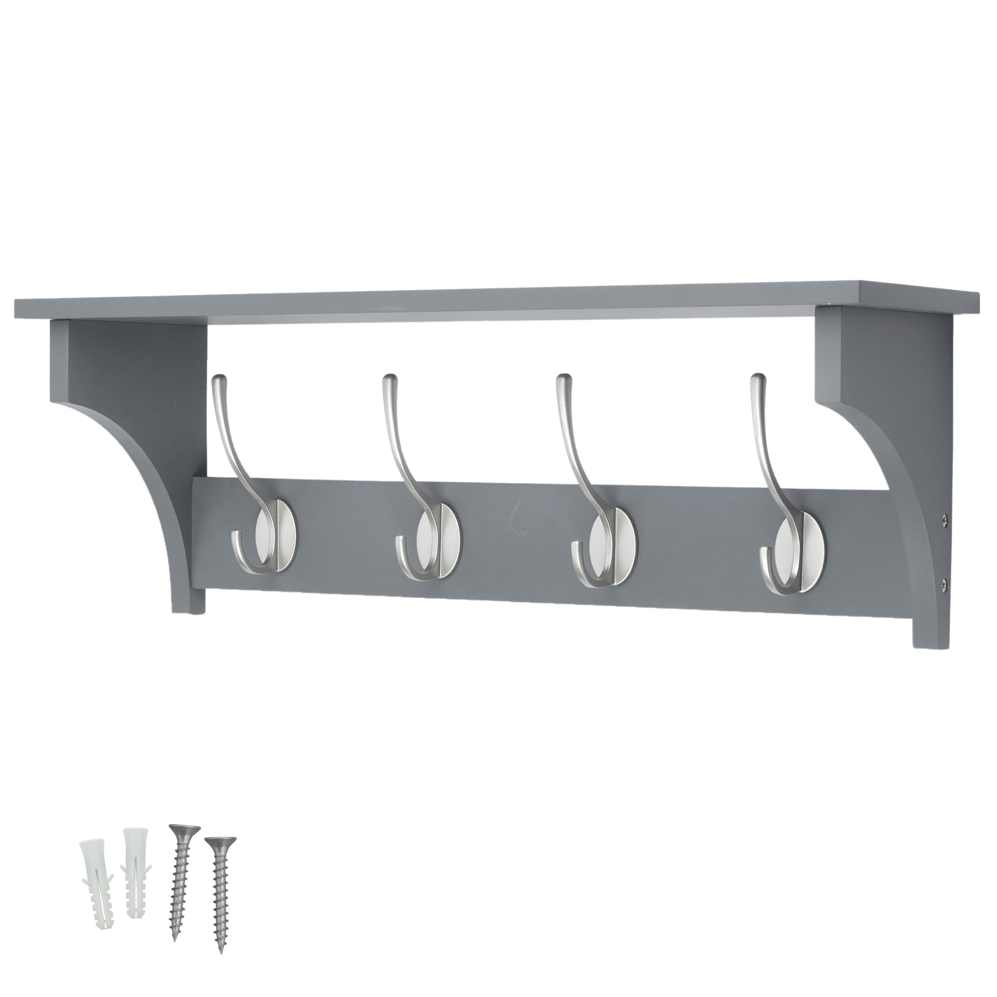 Keypak Grey Shelf With Satin Nickel Hooks Wall Shelf Coat Rack Combo 4 Satin Nickel Hooks Grey Wooden Coat Rack 56Cm Wall Mounted Organiser For Hallway, Kitchen, Bathroom, Bedroom