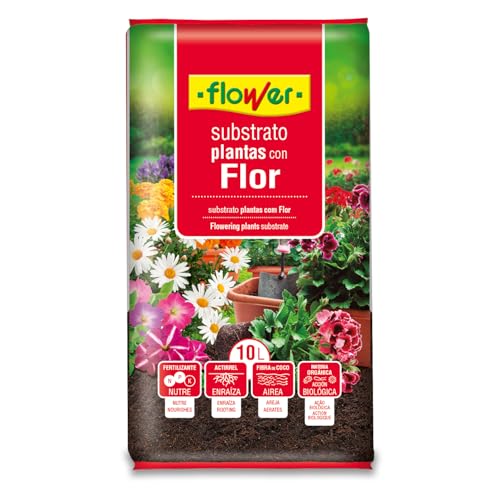 Flower - Sustrato Plantas con Flor 10L | con Turbas y Abono | Aireación y Agente Enraizante | Tierra con Fibra de Coco y Compost Verde | Estimula Floración