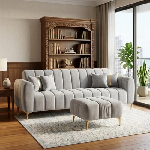 Image of CASASTYLE Hanster 4 Seater L Shape Sofa Set with Movable Ottoman | Flexible Left or Right Layout | Cozy Velvet Fabric | Soft Touch Seating with Golden Legs | Sofa for Living Room (Light Grey)