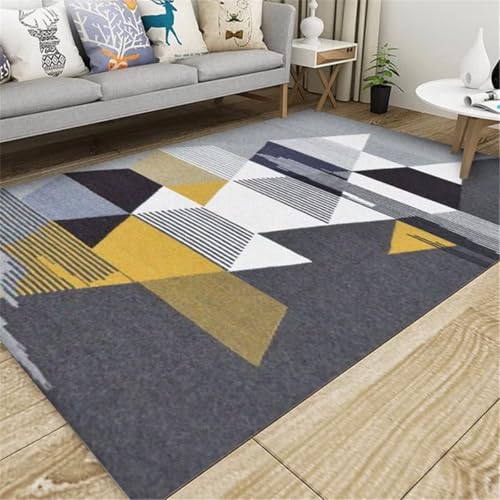 Tapis de chambre gris-jaune 100x200cm au design géométrique moderne