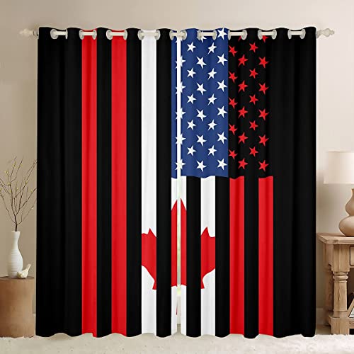 American Flag Window Curtains, Canadian Flag Curtains For Kids Boys Teens Adult, Usa Federations Stars Stripe Window Treatments Canada Maple Leaf Window Drapes For Bedroom Decor, Black Red 52"Wx84"L #TOP29